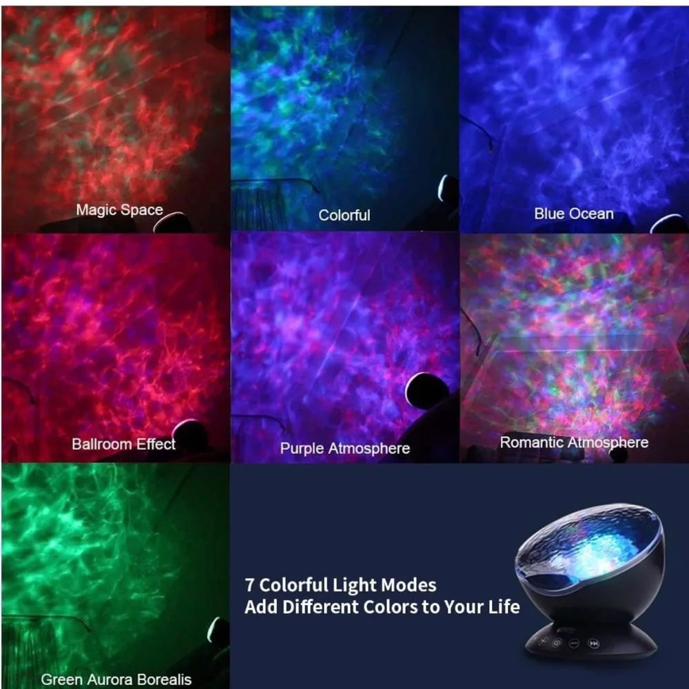 Night Light Projector with Remote Control Timer 8 Colors LED - Ocean Wave